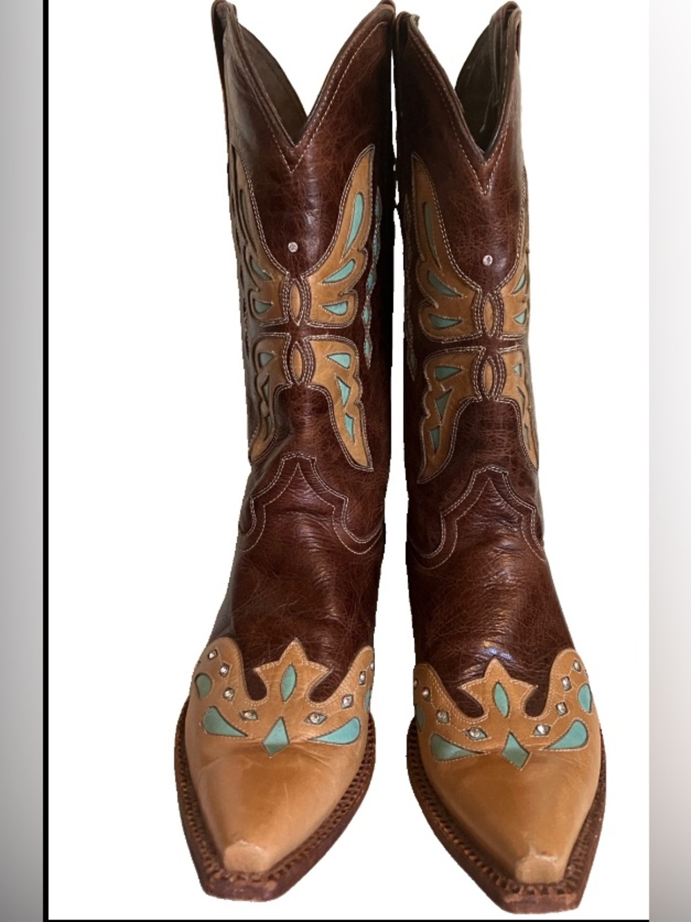 Pecos Bill Women's Brown Western Turquoise Inset Accents Snip Toe Boots Size 10